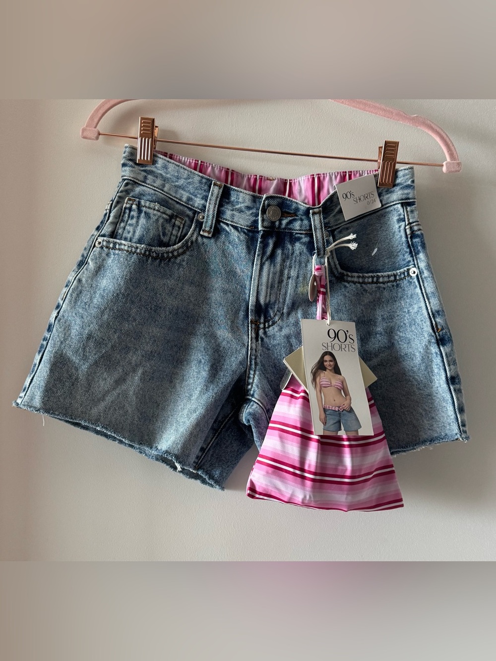 90's Style Women's Washed Blue Jean Shorts with Pink Lining Bikini included